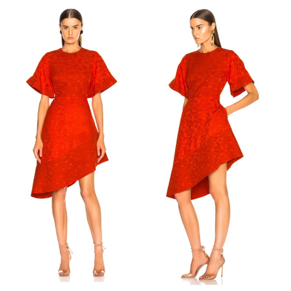 Brandon Maxwell size 10 Satin Jacquard Flare Sleeve Cocktail Dress in red Poppy